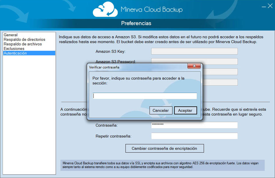 autenticación Minerva Cloud Backup