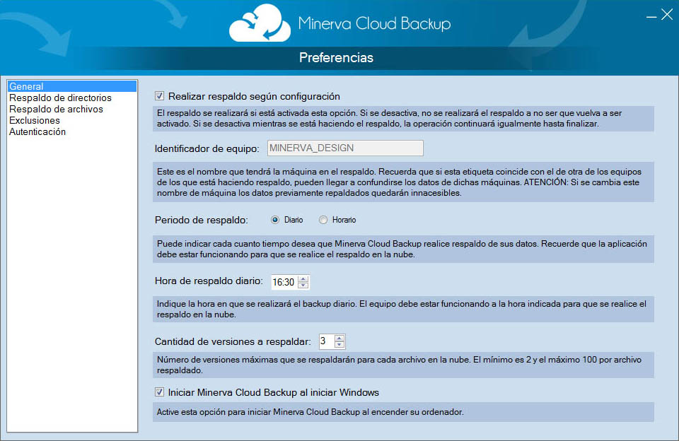 pantalla Minerva Cloud Backup